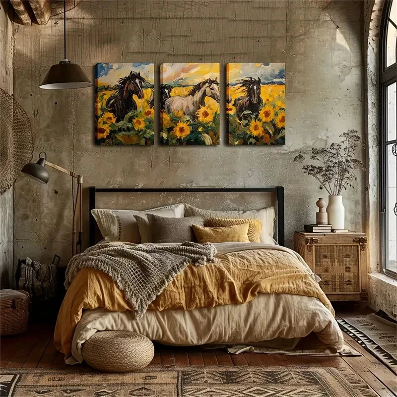 3pcs Horse and Sunflower Field Scene Perfect Wall Art Set Canvas Framed 60x90cm - High Quality Print 100% Australian Made Wall Canvas Ready to Hang - Bella Home Decor