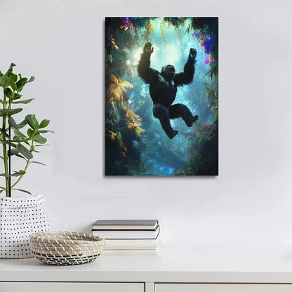 Joyful Gorilla Leaping in Enchanted Forest Painting  40x60cm Metal Print Ready to Hang - Bella Home Decor