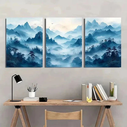 3pcs Chinese Style Blue Mountain Landscape Wall Art Canvas Unframed - High Quality Print 100% Australian Made Wall Canvas - Bella Home Decor