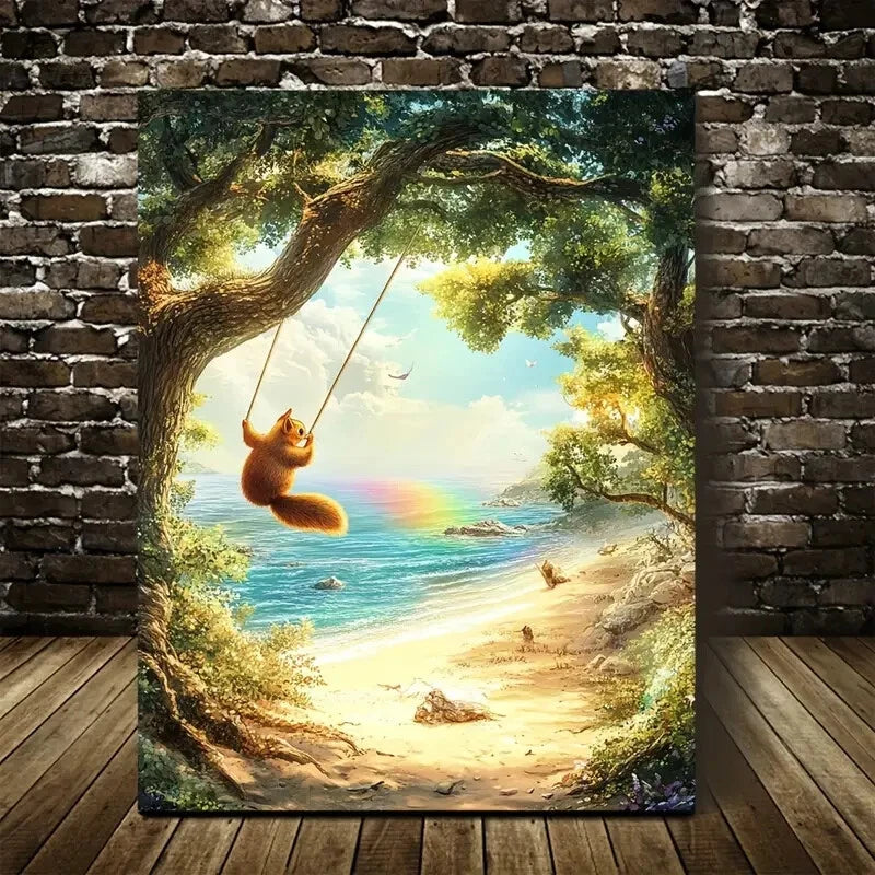 Whimsical Squirrel Swing Scene with Rainbow Painting 40x60cm Metal Print Ready to Hang - Bella Home Decor