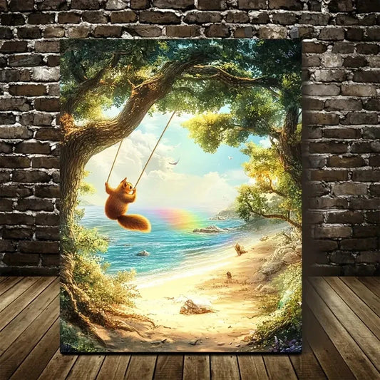 Whimsical Squirrel Swing Scene with Rainbow Painting 40x60cm Metal Print Ready to Hang - Bella Home Decor