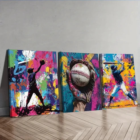 3pcs Baseball Graffiti Boy Colorful Perfect Wall Art Set Canvas Unframed - High Quality Print 100% Australian Made Wall Canvas - Bella Home Decor