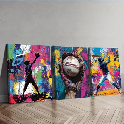 3pcs Baseball Graffiti Boy Colorful Perfect Wall Art Set Canvas Unframed - High Quality Print 100% Australian Made Wall Canvas - Bella Home Decor