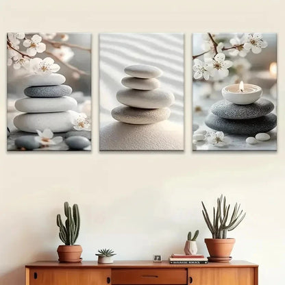3pcs Zen Serene Floral & Stone Meditation   Wall Art Canvas Framed 40x60cm - High Quality Print 100% Australian Made Wall Canvas Ready to Hang