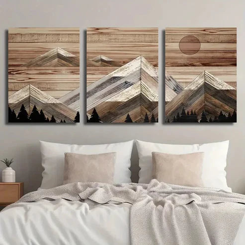 3pcs Mountains and Red Sun Background Wall Art Set Canvas Unframed - High Quality Print 100% Australian Made Wall Canvas