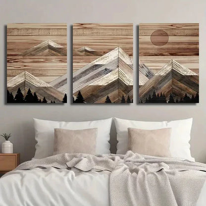 3pcs Mountains and Red Sun Background Wall Art Set Canvas Unframed - High Quality Print 100% Australian Made Wall Canvas