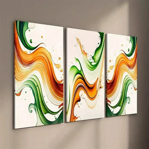 3pcs Burnt Orange & Emerald Green Wavy Wall Art Set Canvas Unframed - High Quality Print 100% Australian Made Wall Canvas - Bella Home Decor