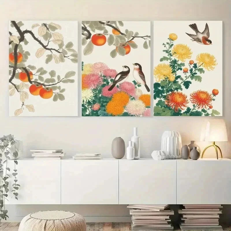 3pcs Chrysanthemum, Persimmon, Songbird   Wall Art Set Canvas Framed 40x60cm - High Quality Print 100% Australian Made Wall Canvas Ready to Hang - Bella Home Decor