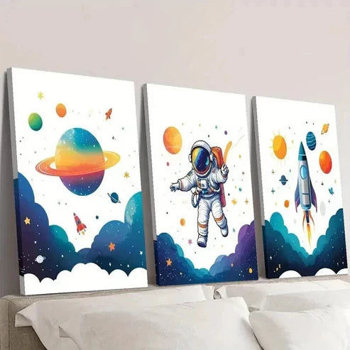 3pcs Cute Astronaut Traveling Planet & Rockets Wall Art Set Canvas Unframed - High Quality Print 100% Australian Made Wall Canvas - Bella Home Decor