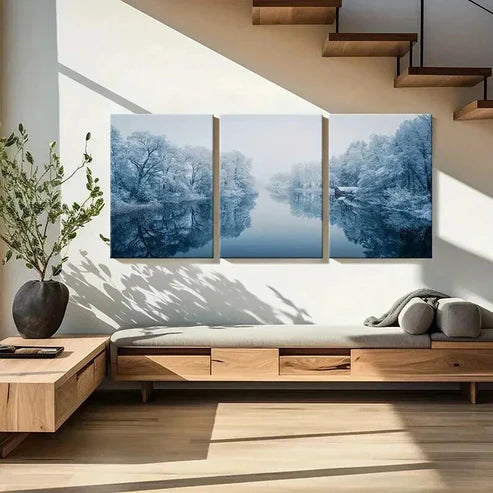 3pcs Winter Snow Scene River Tree Wall Art Canvas Unframed - High Quality Print 100% Australian Made Wall Canvas