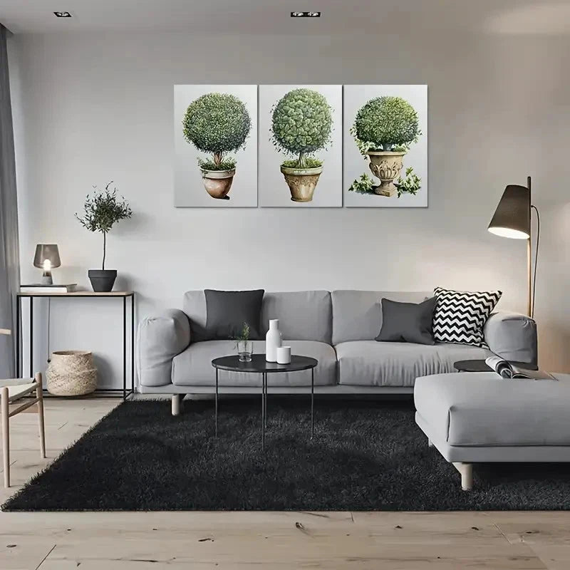3pcs Green Topiary Tree Plant Vase Metal Print Ready to Hang Art