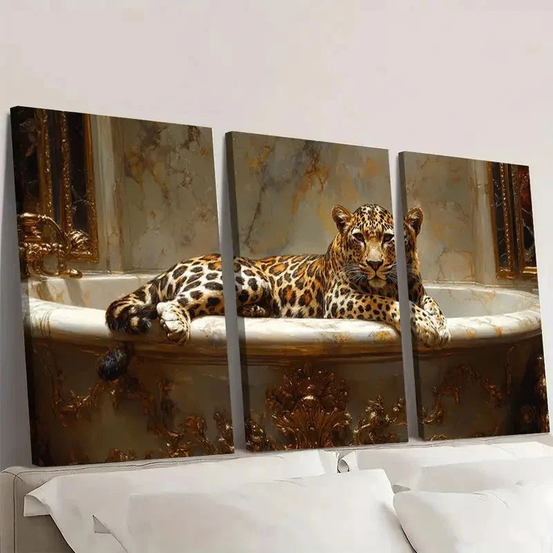 3pcs Leopard Lounging on The Edge of an Ornate Wall Art Set Canvas Framed 40x60cm - High Quality Print 100% Australian Made Wall Canvas Ready to Hang