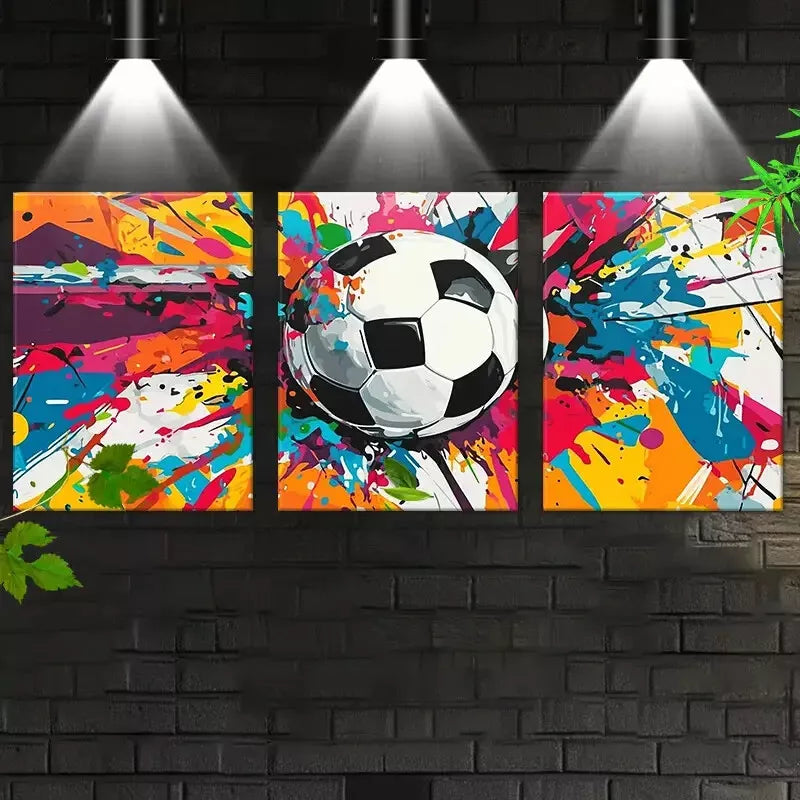3pcs Colorful Soccer Ball with Dynamic Splashes Wall Art Set Canvas Framed 50x70cm - High Quality Print 100% Australian Made Wall Canvas Ready to Hang