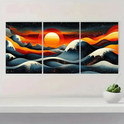 3pcs Bauhaus Geometric Sun and Waves H  Wall Art Set Canvas Framed 40x60cm - High Quality Print 100% Australian Made Wall Canvas Ready to Hang - Bella Home Decor