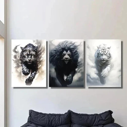 3pcs Black Cheetah Lion & White Tiger Wall Art Set Canvas Unframed - High Quality Print 100% Australian Made Wall Canvas - Bella Home Decor