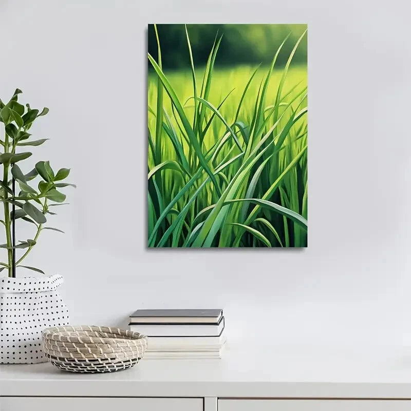 Vibrant Green Onion Grass Meadow Scene Painting 40x60cm Metal Print Ready to Hang - Bella Home Decor