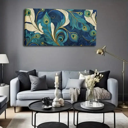 Abstract Peacock Feather Wall Art Canvas Office Home Room Framed 120x60cm - Bella Home Decor