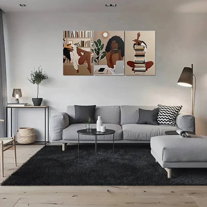 3pcs African American Woman Reading Books Metal Print Ready to Hang Art - Bella Home Decor