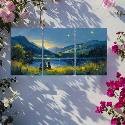 3pcs Oil Painting Style Landscape with Couple Metal Print Ready to Hang Art