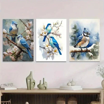 3pcs Blue Birds On Cherry Blossom Modern Classic Wall Art Set Canvas Unframed - High Quality Print 100% Australian Made Wall Canvas - Bella Home Decor