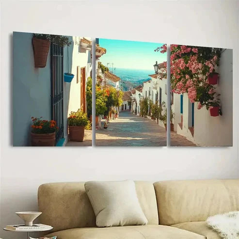 3pcs Mijas Spain Vintage Wall Art Set Canvas Unframed - High Quality Print 100% Australian Made Wall Canvas - Bella Home Decor