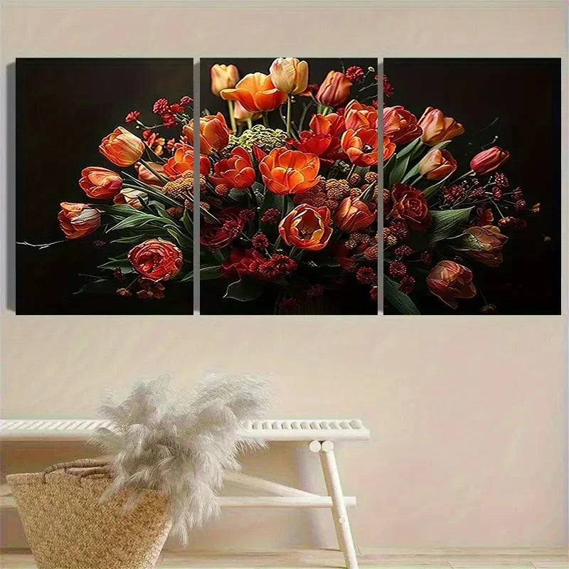 3pcs Flower Bouquet in Warm Tones Wall Art Set Canvas Framed 50x70cm - High Quality Print 100% Australian Made Wall Canvas Ready to Hang - Bella Home Decor