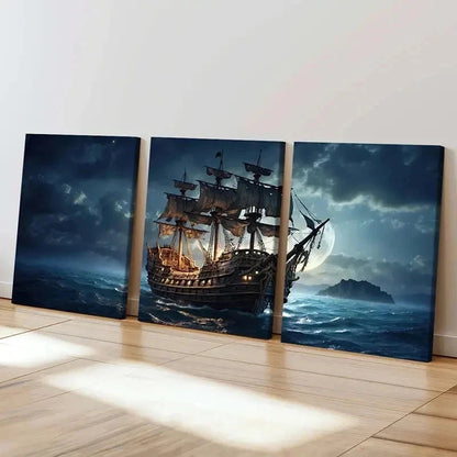3pcs Pirate Ship On The Sea At Night Wall Art Set Canvas Framed 50x70cm - High Quality Print 100% Australian Made Wall Canvas Ready to Hang