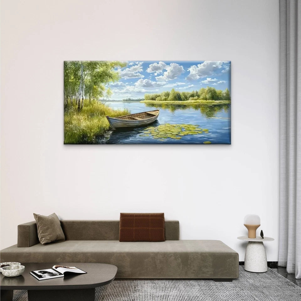 Serene Boat Water Blue Sky Wall Art Canvas Office Home Room Framed 120x60cm