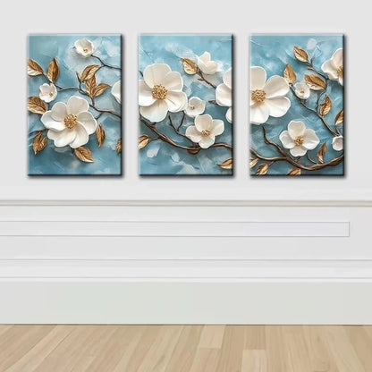 3pcs Beautiful White Florals and Golden Leaves Metal Print Ready to Hang Art - Bella Home Decor