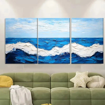3pcs Blue Sea Landscape Abstract White Wave Wall Art Set Canvas Framed 60x90cm - High Quality Print 100% Australian Made Wall Canvas Ready to Hang - Bella Home Decor
