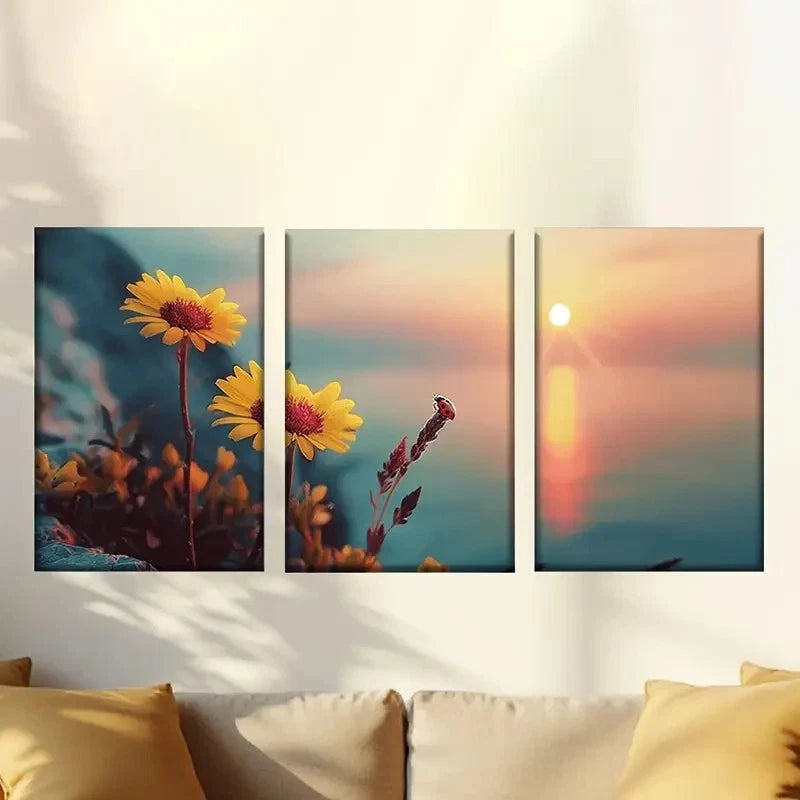 3pcs Flowers on the sunset coast Wall Art Set Canvas Framed 60x90cm - High Quality Print 100% Australian Made Wall Canvas Ready to Hang - Bella Home Decor