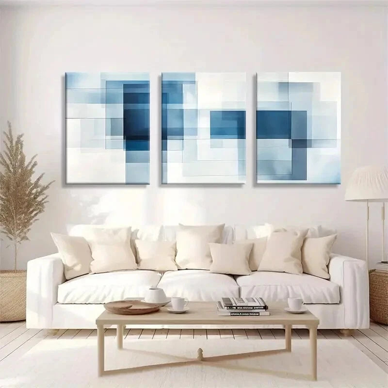 3pcs Blue Geometric Abstract Modern Metal Print Ready to Hang Art - Bella Home Decor