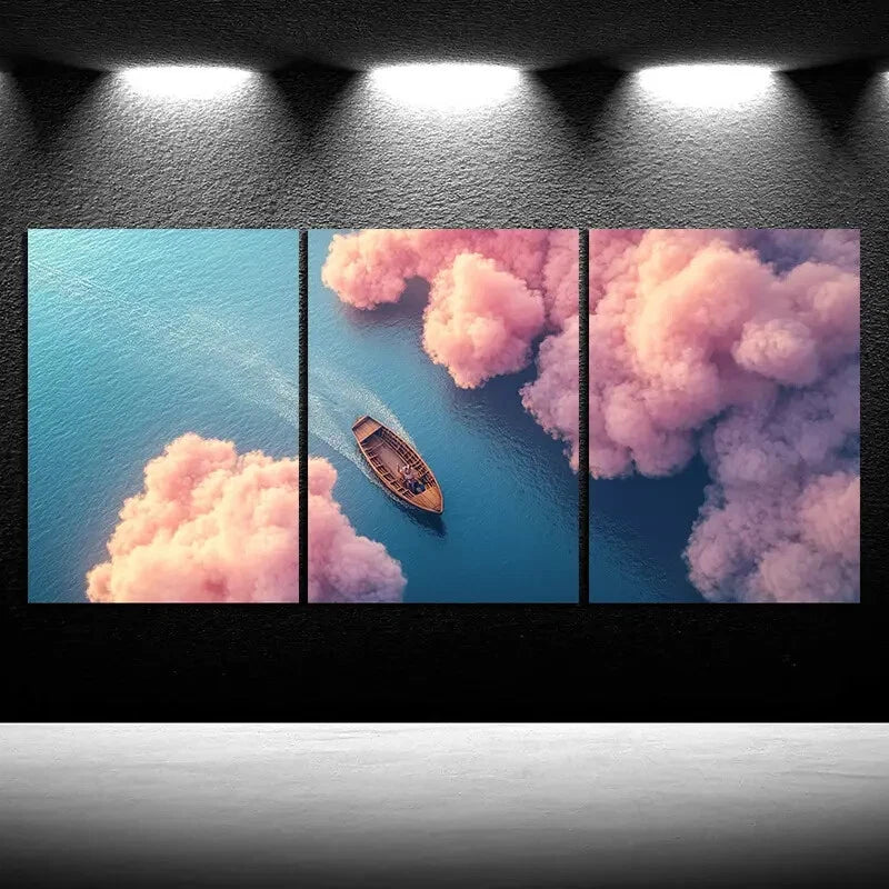 3pcs Abstract Cloudy Sea Pink Themed Metal Print Ready to Hang Art - Bella Home Decor