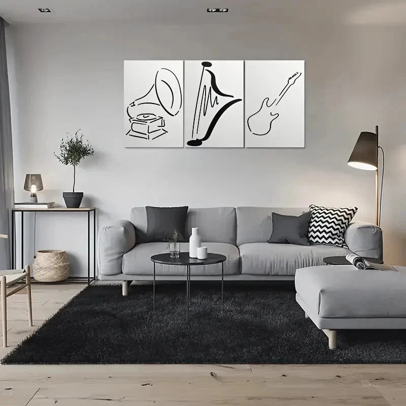3pcs Black Line Drawing Musical Instruments Metal Print Ready to Hang Art - Bella Home Decor