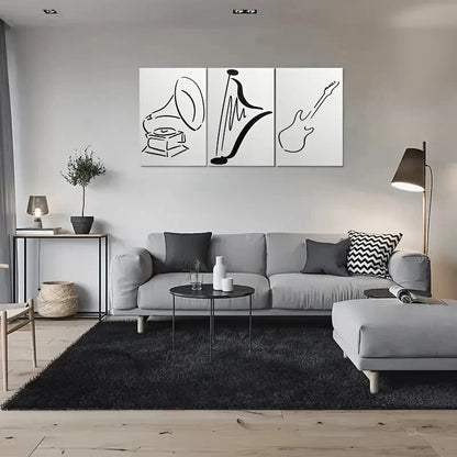 3pcs Black Line Drawing Musical Instruments Metal Print Ready to Hang Art - Bella Home Decor
