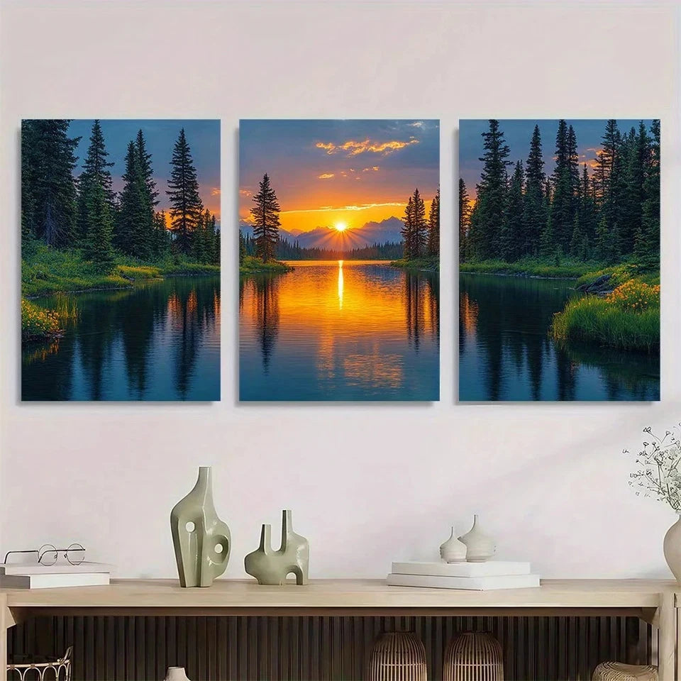 3pcs Vibrant Sunset River Pine Trees Wildflowers Wall Art Set Canvas Framed 50x70cm - High Quality Print 100% Australian Made Wall Canvas Ready to Hang