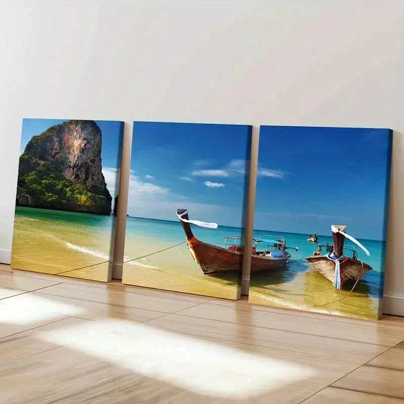 3pcs Natural Seaside Beach Island Boat Wall Art Set Canvas Framed 60x90cm - High Quality Print 100% Australian Made Wall Canvas Ready to Hang