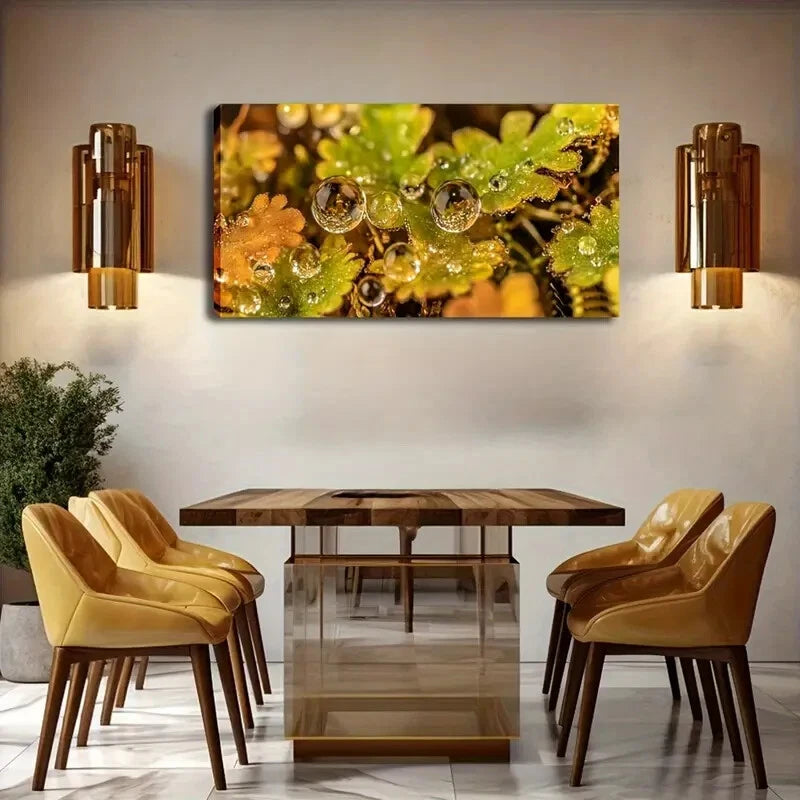 Vibrant Water Droplets Leacves Wall Art Canvas Office Home Room Framed 120x60cm - Bella Home Decor