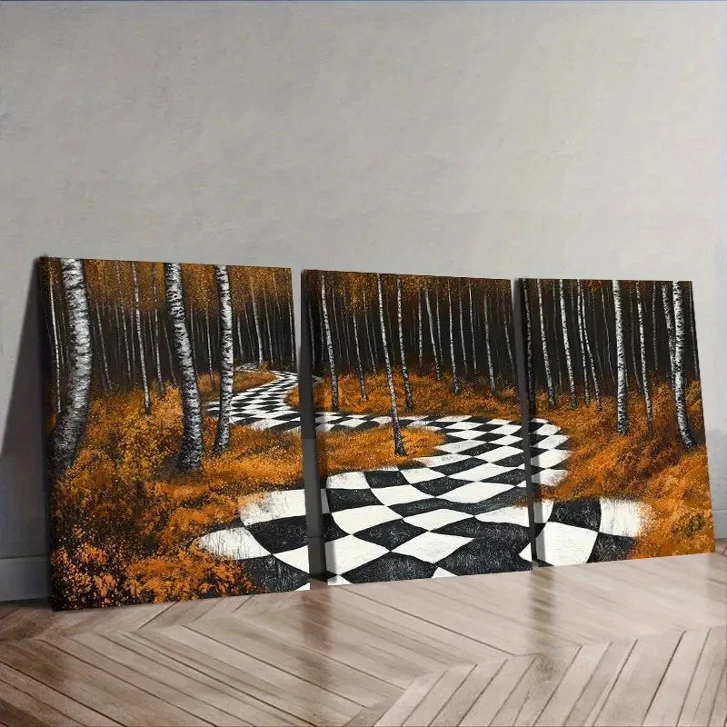 3pcs Black & White Checkered Pathway in Forest Wall Art Set Canvas Framed 60x90cm - High Quality Print 100% Australian Made Wall Canvas Ready to Hang - Bella Home Decor