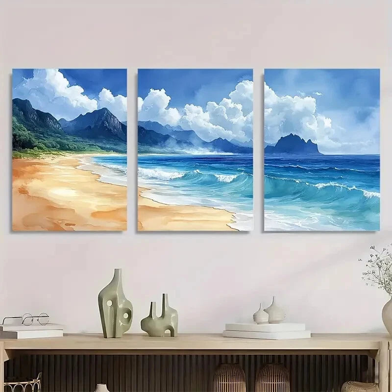 3pcs Vibrant Beach Panoramic Watercolor Landscape Metal Print Ready to Hang Art - Bella Home Decor