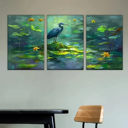 3pcs Bird on Lily, Artist Drawing Set Wall Art Set Canvas Unframed - High Quality Print 100% Australian Made Wall Canvas - Bella Home Decor