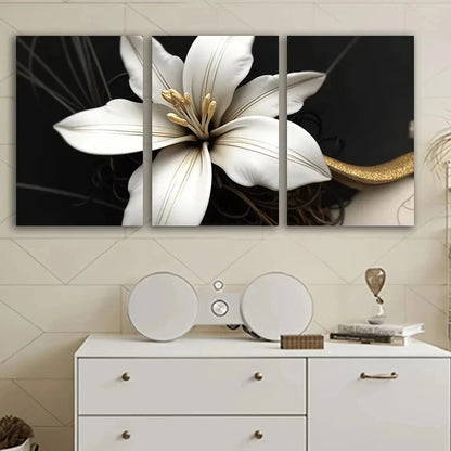 3pcs White Flowers on Black Painting Metal Print Ready to Hang Art