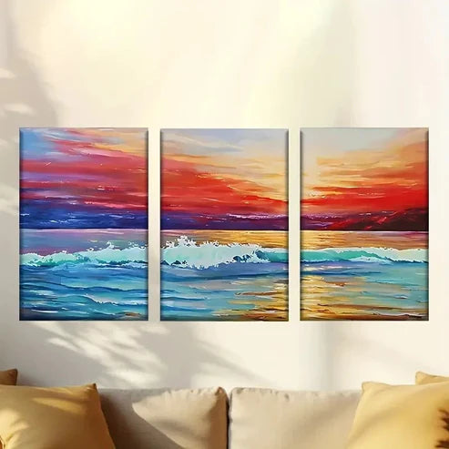 3pcs Painting of a Sunset Over the Ocean Wall Art Canvas Unframed – High Quality Print 100% Australian Made Wall Canvas