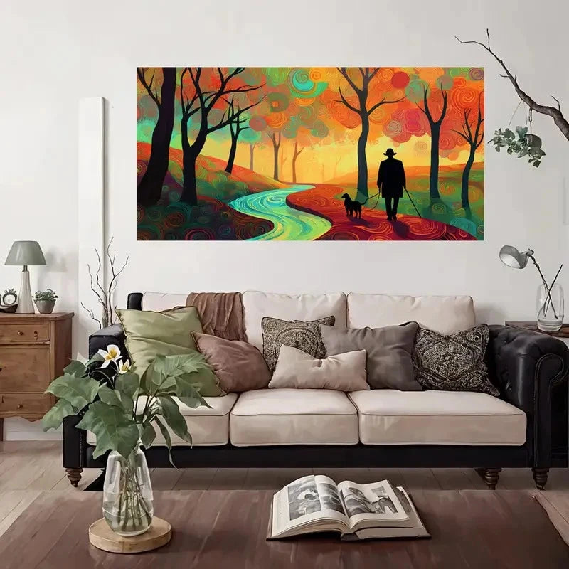 Autumn Walk With Dog Wall Art Canvas Office Home Room Framed 120x60cm