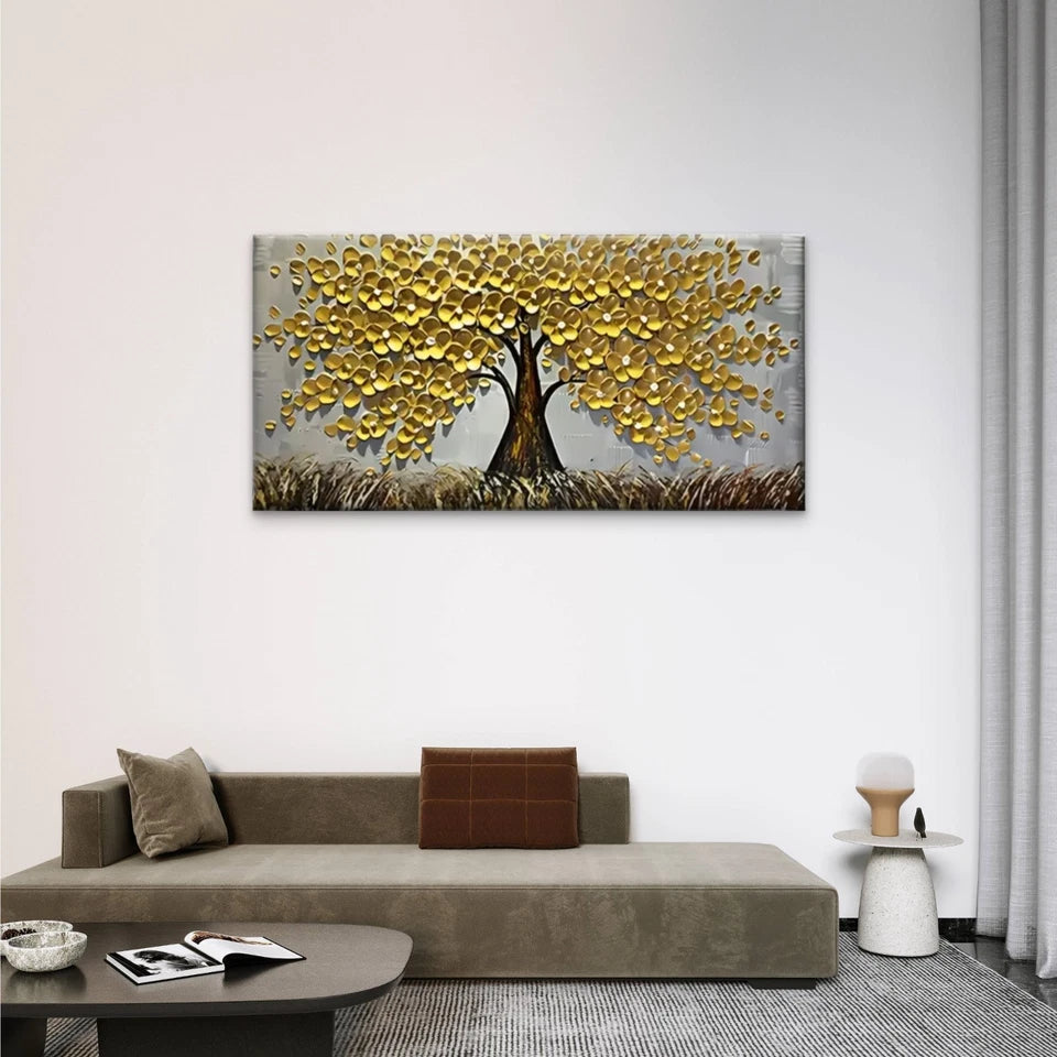 Tree Golden Abstract Wall Art Canvas Office Home Room Framed 120x60cm