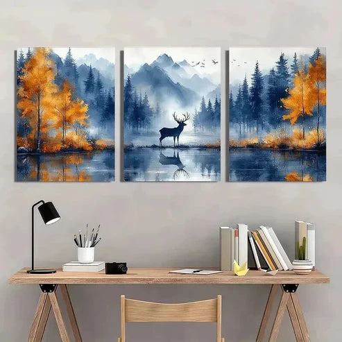 3pcs Deer Scene with Vibrant Orange & Blue Trees Wall Art Canvas Unframed - High Quality Print 100% Australian Made Wall Canvas - Bella Home Decor