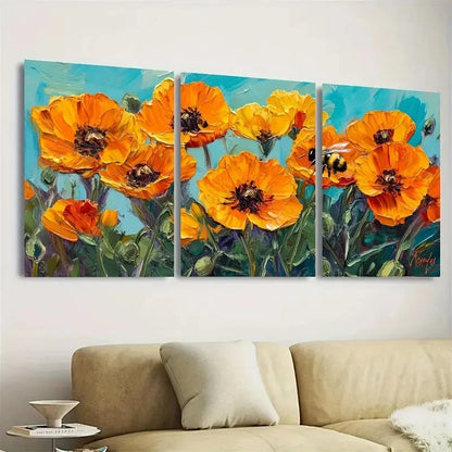 3pcs Orange Poppies & Bumblebees on Blue Floral Wall Art Set Canvas Framed 60x90cm - High Quality Print 100% Australian Made Wall Canvas Ready to Hang