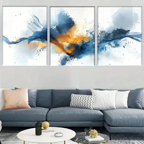 3pcs Blue & Orange Abstract Watercolor Splash Wall Art Canvas Unframed - High Quality Print 100% Australian Made Wall Canvas