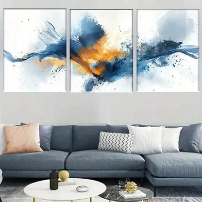 3pcs Blue & Orange Abstract Watercolor Splash Wall Art Canvas Unframed - High Quality Print 100% Australian Made Wall Canvas
