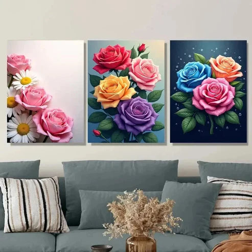 3pcs Colorful Rose and Daisy Beautiful Floral Wall Art Set Canvas Unframed - High Quality Print 100% Australian Made Wall Canvas - Bella Home Decor